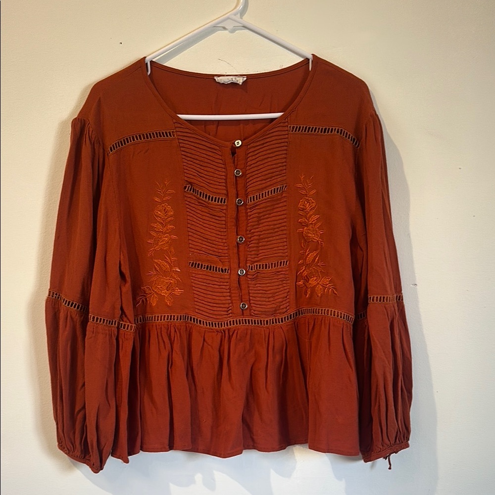 Sage Boxy Peplum Blouse with Bishop Sleeves in Orange and Red